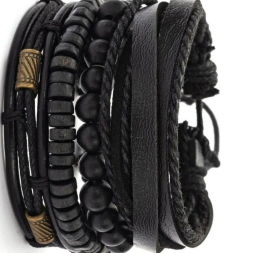 MENS Boho Beaded Leather Black Bracelet Set NEW 2 pieces in package NWT